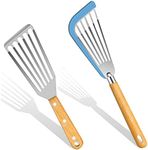 KLAQQED Fish Spatula, Silicone Fish Spatula for Nonstick Cookware, Flexible Metal Fish Spatula Stainless Steel Fish Spatula, Small Fish Slotted Spatula Turner, Spatulas Set, Wood Handle Fish Spatula