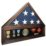 Medal Awards Rack Military Shadow Box Display Case for Funeral Burial Flag for American Veterans Fits Folded 5x9.5’ Flag, Medals, Pins, Patches. Real Glass and New Zealand Pine Frame. (Walnut)