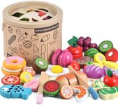 WHOHOLL Wooden Play Food for Kids Kitchen Playset, Play Kitchen Accessories Pretend Cutting Food Montessori Toys for 2+ Year Old with Basket, Toy Food Fruits Vegetables Gift for Fine Motor Skills