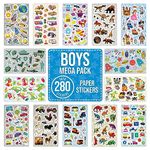 Boys Children Stickers for Scrapbooking, Crafting, Decorating - Over 280 Self Adhesive Paper Stickers 14 Designs - Party Bag Fillers for Kids, Teacher Classroom Rewards - Pirates, Dinosaurs, Cars