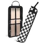 Flexzion Drum Stick Bag Percussion Music Drum Accessories Case with Hook, Card Holder, Adjustable Shoulder Strap Carrying Handle 4 Pairs Kid Drum Sticks Holder Water-Resistant Bag Fabric, Checkered