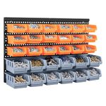 Holdfiturn 32Pcs Wall Mounted Storage Bins Backboard DIY Stackable Workshop Storage for Tools Hardwares Crafts 64 x 41cm Plastic Bin Panel Rack with Screws for Tool Shed Garage Workshop(Orange+Gray)