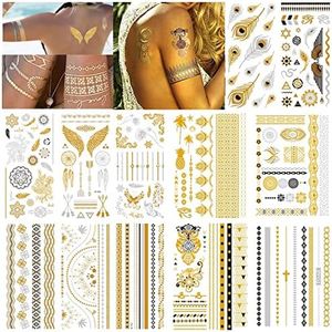 12 Hojas Tatuaje De Oro, Papel De Tatuaje a Prueba De Agua, Metálico Flash Metálico Lujo Tatuaje, Adecuado Para Adultos y Niños, Decoración Festiva, Pegatinas De Tatuajes De Arte Corporal