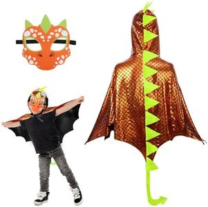 DKINY 80cm Cape Dinosaure Orange d'Enfant avec Masque Costume Ptérosaure Déguisement Carnaval pour Garçon Fille Cosplay Fête Halloween Épiphanie Anniversaire Soirée