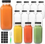 GUANENA 12 Pack Glass Drink Bottles, 16 OZ Vintage Square Water Bottles with Lids, Juice Bottles Beverages Containers for Milk, Kombucha, Smoothies