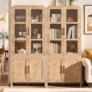 EliteSet 77" Tall Kitchen Pantry Storage Cabinets, Modern Farmhouse Wooden Cabinet with 2 Doors Adjustable Shelf, Curved Profile Pantry Cabinet for Kitchen, Dining Room, Living Room, Light Burl, 2Pcs