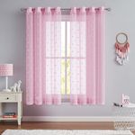 Beauoop Pink Pom Pom Sheer Curtains for Girls Kids Bedroom 54 inch Drop Dot Voile Sheer Curtains for Nursary Living Room Light Filtering Decorative Drapes Grommet Window Treatment Sets 2 Panels