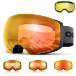 Odoland Photochromic Magnetic Interchangeable Ski Goggles with 2 Lens, Large Spherical Frameless Snow Snowboard Goggles for Men Women, Potochromic Revo Red Lens