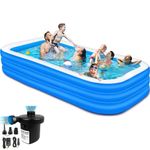 SOLPEX 10 Feet Rectangular Inflatable Pool with Electric Pump Family Full-Sized Swimming Bathtub for Kids Outdoor Garden Summer Party (Blue)