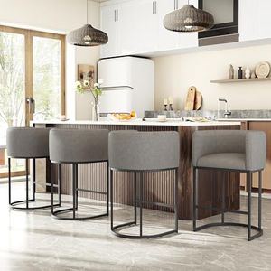 VATROS 26" H Counter Height Bar Stools Set of 4, Modern Barrel Counter Stools with Backrest and Arms, Linen Fabric Upholstered Accent Barstools for Kitchen Island,Support 450 LBS (Gray)