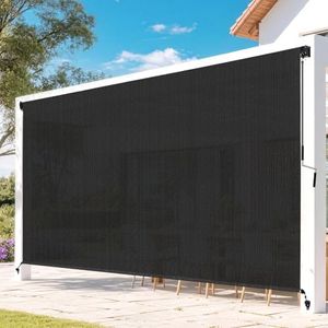 Zephyr Place Outdoor Roller Shades for Patio, Black 10' W x 8' H Cordless Patio Shades Roll Up Outdoor Blinds with Splicing Design, 90% UV Protection for Porch Gazebo Pergola