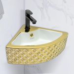 Plantex Ceramic Corner Basin/Wall Mount Washbasin for Bathroom/Small Corner Vessel Sink/Tabletop Wash Basin (Golden Cornia)