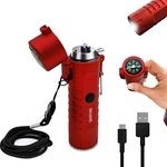 Electric Lighter,USB Rechargeable Lighter with LED Flashlight& Compass,Windproof Arc Lighter Waterproof,Dual Arc Plasma Lighter(Red).