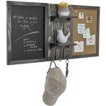 MyGift Wall Mounted Vintage Gray Wood Entryway Bulletin Board Combo Set with Chalkboard, Cork Board, 2 Storage Display Shelves and 3 Key Hooks, Family Command Center Wall Organizer