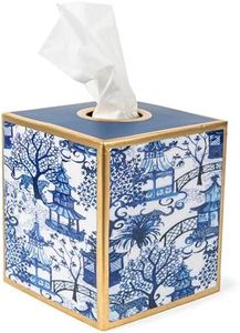 Jaye's Studio Gold Tissue Box Cover, Blue White Enamel Square Cube