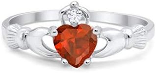 Blue Apple Co. Irish Claddagh Heart Promise Ring Simulated Red Garnet Round CZ 925 Sterling Silver, Size-4
