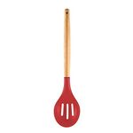 Spatlus Woodtula Silicone Slotted Serving Spoon Heat Resistant up to 445°F, Wooden Handle Nonstick Mixing Spoon Silicone Kitchen Cooking Utensils Non-Stick Tool for Draining & Serving 31.5 cm Red