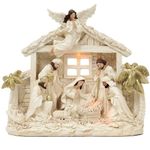 Valery Madelyn Christmas Nativity Figurines with LED Lights, Large White Gold Holy Family Nativity Scenes Resin Manger for Xmas Indoor Home Table Fireplace Holiday Decorations, 10.6 Inch Tall