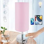 Yarra-Decor Bedside Lamp with USB Port - Touch Control Table Lamp for Bedroom 3 Way Dimmable Nightstand Lamp with Round Pink Fabric Shade for Living Room, Dorm, Home Office (LED Bulb Included)