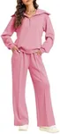 Aleumdr Two Piece Lounge Outfits Sweatsuits Matching Set for Women Fleece Half Zip Sweatshirt Oversized Pullover Wide Leg Sweatpants Tracksuit 2024 Fall Athletic Travel Clothing Pink