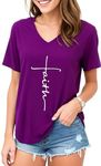 Women Cross Faith T Shirts for Women V-Neck Graphic Tees Letter Printed T-Shirt Christian Tee Shirt, Purple V