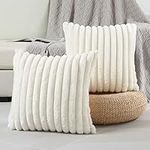 FUTEI Cream White Striped Decorative Throw Pillow Covers 20x20 Inch Set of 2,Square Fall Decorations Couch Pillow Case,Soft Cozy Faux Rabbit Fur & Velvet Back,Modern Home Decor for Bed