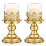 Sziqiqi Gold Pillar Candle holders for Table Centrepieces - Vintage Metal Candlestick Holder Glass Hurricane Candle Holders for Living Room Dining Room Bedroom Office Christmas Table Decoration