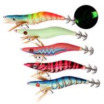 Squid Jigs Saltwater Fishing Lures Luminous Tail Glow in Dark Squid Hooks Shrimp Prawn Cuttlefish Octopus Squid Bait Jig Hooks, Size 2.5# 3.0# 3.5#