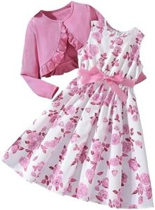Floerns Girl's 2 Piece Outfit Floral Dress and Long Sleeve Ruffle Trim Jacket Pink 11-12Y