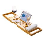 Bamboo Bathtub Caddy Tray, Bath Tub Tray with 12-in-1 Features Adjustable Bathtub Table, Non-Slip and Holds Books/Tablets/Cell Phone/Towels/Foods/Wineglass/Soap Dish (Single Box)