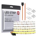 BTF-LIGHTING FCOB COB CCT Flexible High Density LED Strip 16.4FT/5M 640LEDs/m Tunable 3000K-6000K CRI＞90 Dimmable Deformable LED Light Ribbon for Bedroom Kitchen Home Indoor Decoration DC24V 14W/M