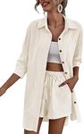 Zeagoo Womens Coordinated Outfit Casual Two Pieces Tracksuit Short Sleeve Button-Down Shirt and High Waisted Shorts Set, 04_white, X-Large