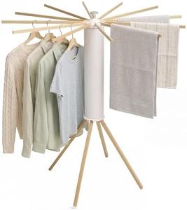 LEQ Clothes Drying Rack Portable,Foldable Drying Rack Clothing with 12 Wood Drying Arms, Standing Laundry Hanger Rack Round Collapsible & Portable Dryer Handle for Laundry Room, Balcony, Bedroom, RV