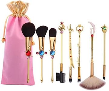 Kawaii Sailormoon Makeup Brushes - 8pcs Anime Magic Wand Makeup Brush Set with Pink Pouch, Professional Foundation Powder Flat Eyeline Blush Brushes Kit for Girl Women Fans (Gold A)