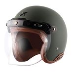 Axor Retro Jet Leather ISI Dot Certified Lightweight Open Face Helmet for Men and Women with Clear Bubble Visor Dull Battle Green(L)