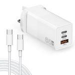 USB C Charger Plug, 65W GaN 3-Port Compact Fast Wall Power Adapter with USB-C Cable for Mac Book Pro/Air, i Pad Pro, iPhone 15/14/Pro,Galaxy S23/S22,Steam Deck,Laptop and more(White)