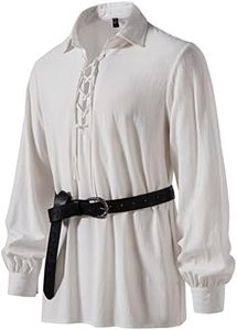 LucMatton Men Classic Lace Up Cotton Shirt Medieval Vintage Costume, White-without Belt, M