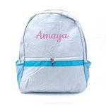 Embroidered Name Preschool Backpack Seersucker Backpack with Kids's Name Monogrammed Baby Book Bag Custom Seersucker Lunchbag (M,Aqua)