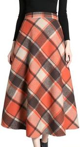 Tanming Women's Winter Warm Elastic Waist Wool Plaid A-Line Pleated Long Skirt (PlaidOrange-S)
