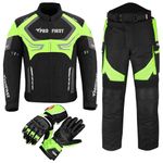 PROFIRST Motorcycle Motorbike suits for men 2 piece Motorcycle waterproof Cordura Fabric Suit Motorbike Jacket Trouser & Gloves Fully Protective Set for Bikers - All Weather (Green, M)