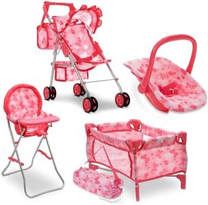 Baby Doll Stroller Bed and Seat Nursery Playset, Baby Doll Accessories Furniture Set High Chair Diaper Bag Role Play Deluxe Baby Doll Set