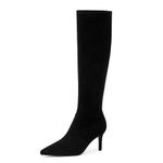 Modatope Stretch Knee High Boots for Women Stiletto High Heel Pointed Toe Tall Boots, Black Suede, 6.5