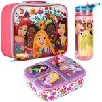 Zawadi Global Disney Princess Kids Childrens Lunch Box Set – Insulated Lunch Bag, Multicompartment Lunch Box & 580ml Water Bottle - School Travel Lunch Food Set, BPA Free