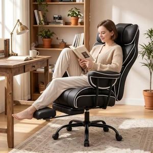 Furniliving Big and Tall Executive Office Chair, Ergonomic Reclining Desk Chair with Footrest Lumbar Pillow, Height Adjustable Leather Office Chair for Home Office, Black