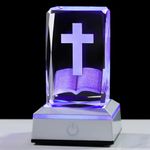 YWHL 3D Crystal Cross Figurine with Colorful Light Base, Laser Engraved Bible Religious Gifts for Women Men, Christian Collectible Decoration for Home Office