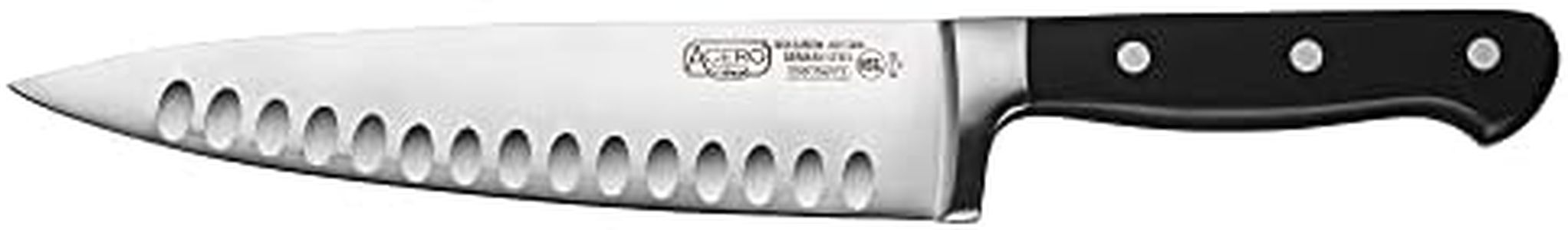 Winco KFP-84, 8″ Acero Chef’s Knife with Hollow Ground, Cook's Knife with Black Handle, Triple Riveted One Piece Full Tang Professional Chefs Knife