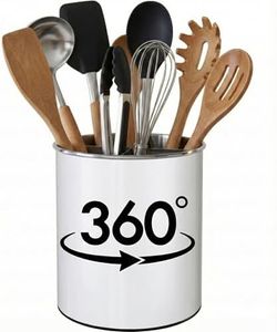 Rotating Extra Large Stainless Steel Utensil Holder Caddy with Sturdy No-Tip Weighted Base, Removable Divider, and Gripped Insert Bottom - Dishwasher Safe Metal Cooking Utensil Holder (White)