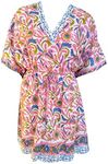 FIKIMOS Cotton Hand Block Print Swimsuit Cover-up Beach Caftan Women's Print Kaftan-No-17 Pink