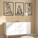 3 Pieces Metal Minimalist Abstract Woman Wall Art Line Drawing Wall Art Decor Single Line Female Home Hanging Wall Art Decor for Kitchen Bathroom Living Room (Black, Body)