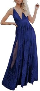 Dokotoo Formal Evening Prom Party Dress for Women Bridesmaid Wedding Guest Dress Embroidered Mesh Sexy Deep V Neck Spaghetti Straps Backless Elegant Sexy High Waisted Long Maxi Lace Dress Blue Small